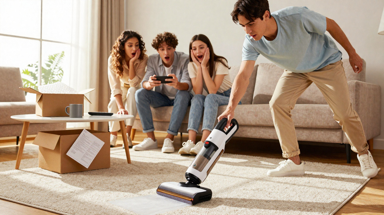 Jovem a aspirar tapete enquanto três amigos assistem surpresos numa sala iluminada e confortável.