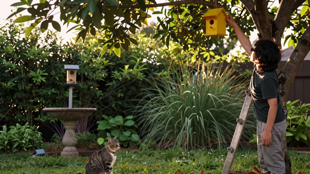 Criança numa escada a pendurar uma casinha de pássaros amarela numa árvore, gato sentado na relva.