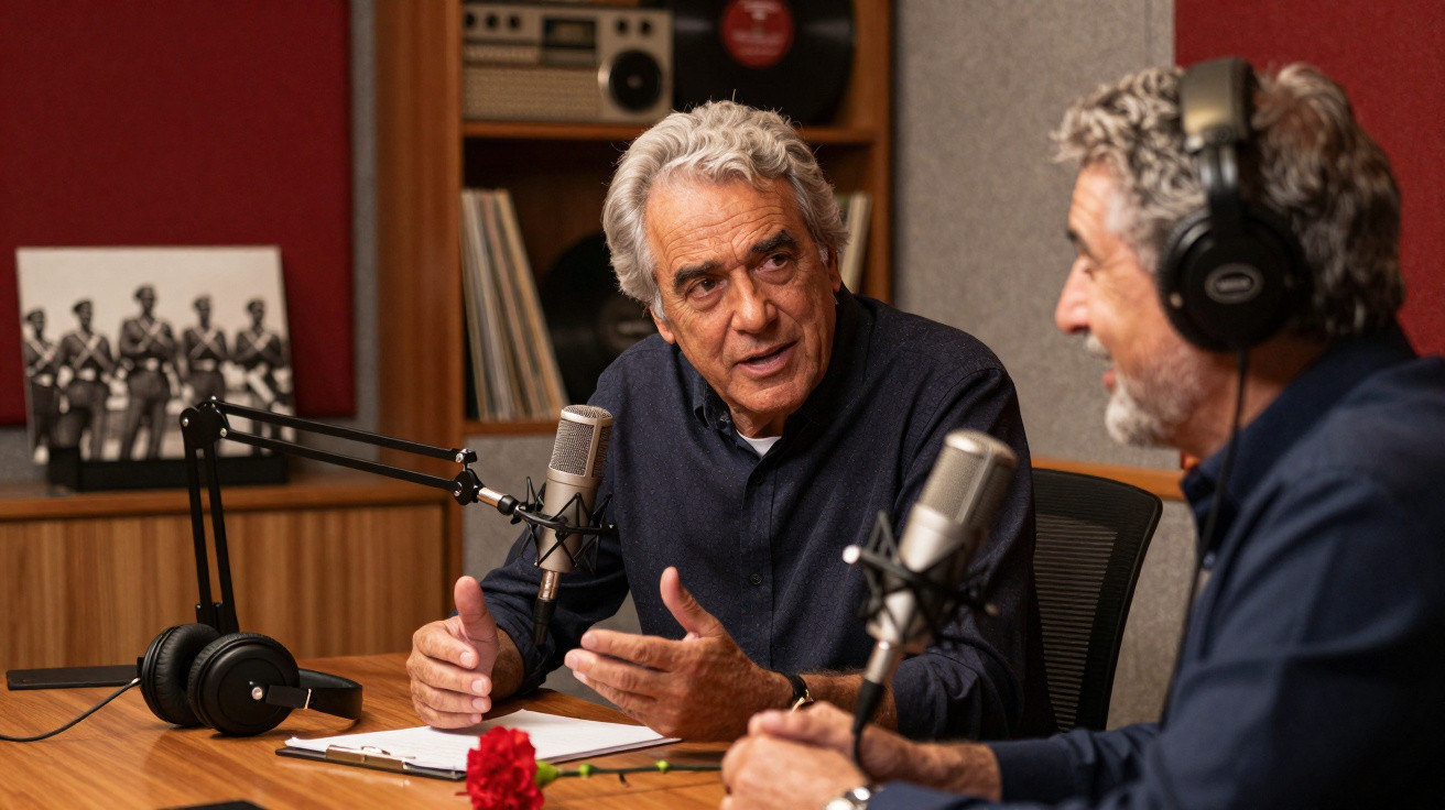 Dois homens conversam num estúdio de rádio com microfones e auscultadores.