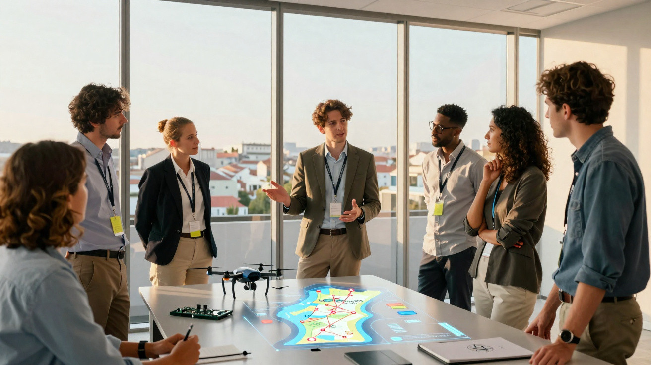 Grupo de pessoas em reunião a discutir plano digital numa sala com vista para a cidade.