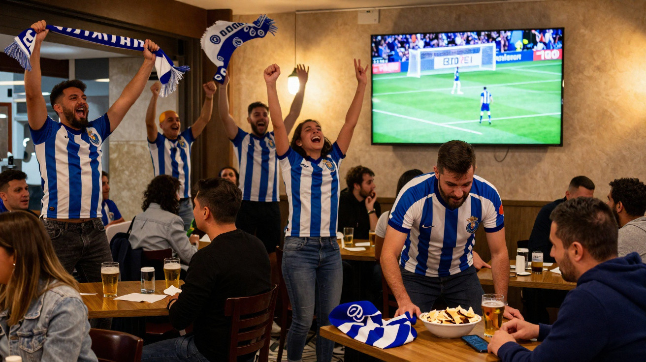 Adeptos com camisolas azuis e brancas vibram enquanto assistem a um jogo de futebol num bar.
