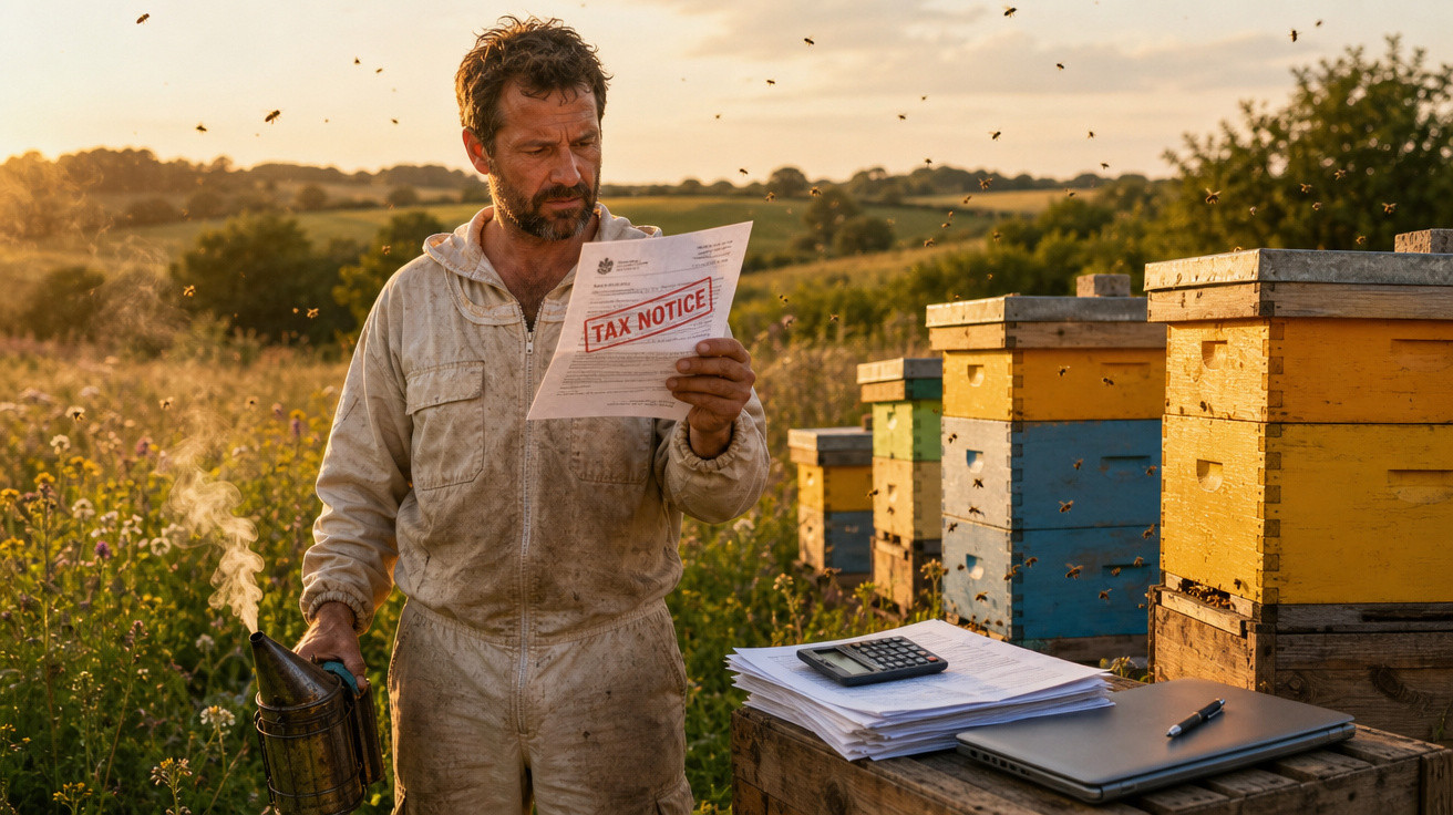 Apicultor com fato protetor a ler aviso fiscal junto de colmeias e documentos ao pôr do sol.