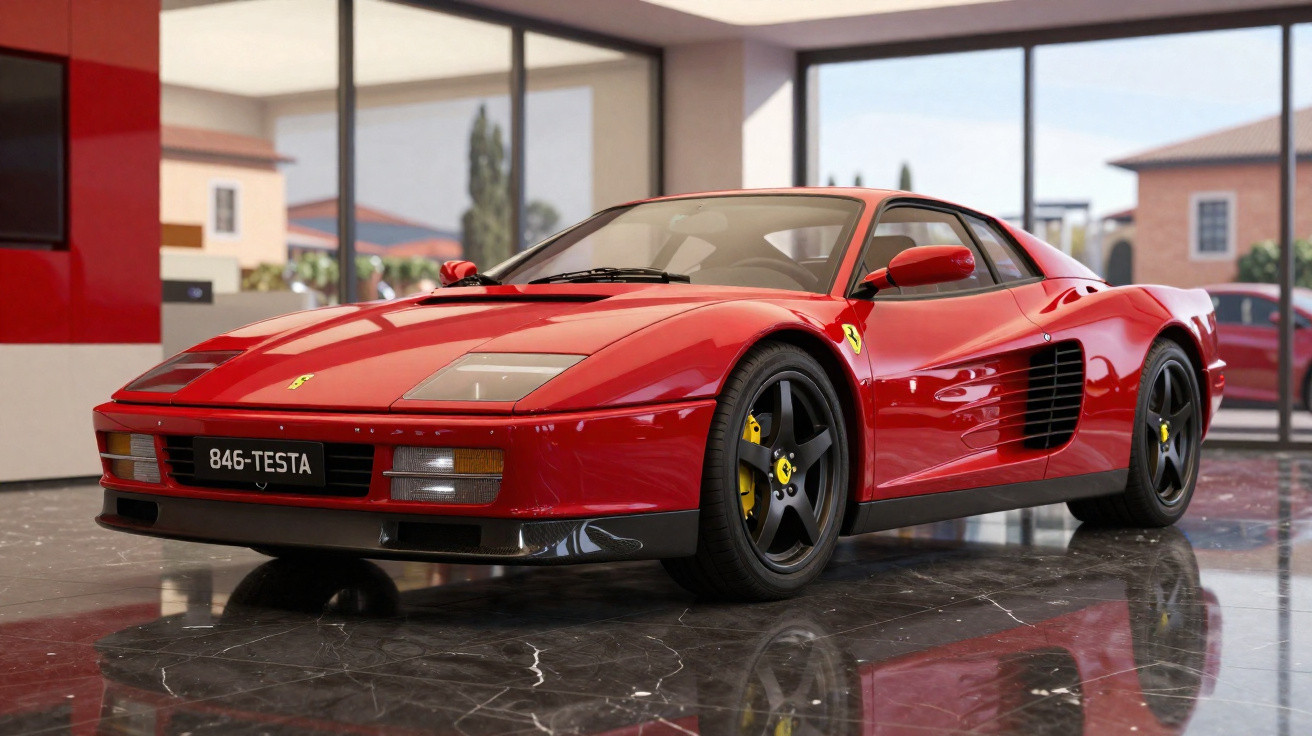 Carro desportivo Ferrari vermelho brilhante estacionado em piso de mármore dentro de showroom.