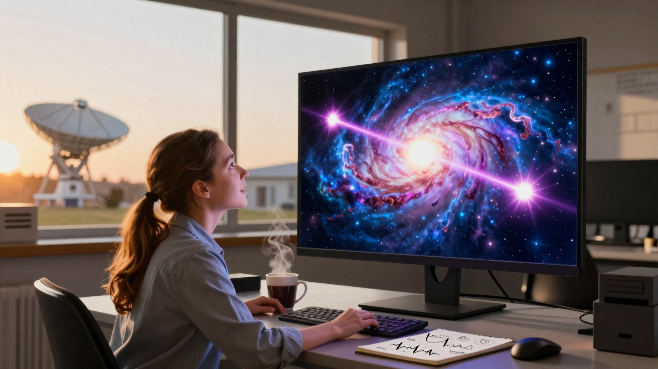 Mulher a trabalhar em computador com imagem de galáxia brilhante, antena parabólica e pôr do sol ao fundo.