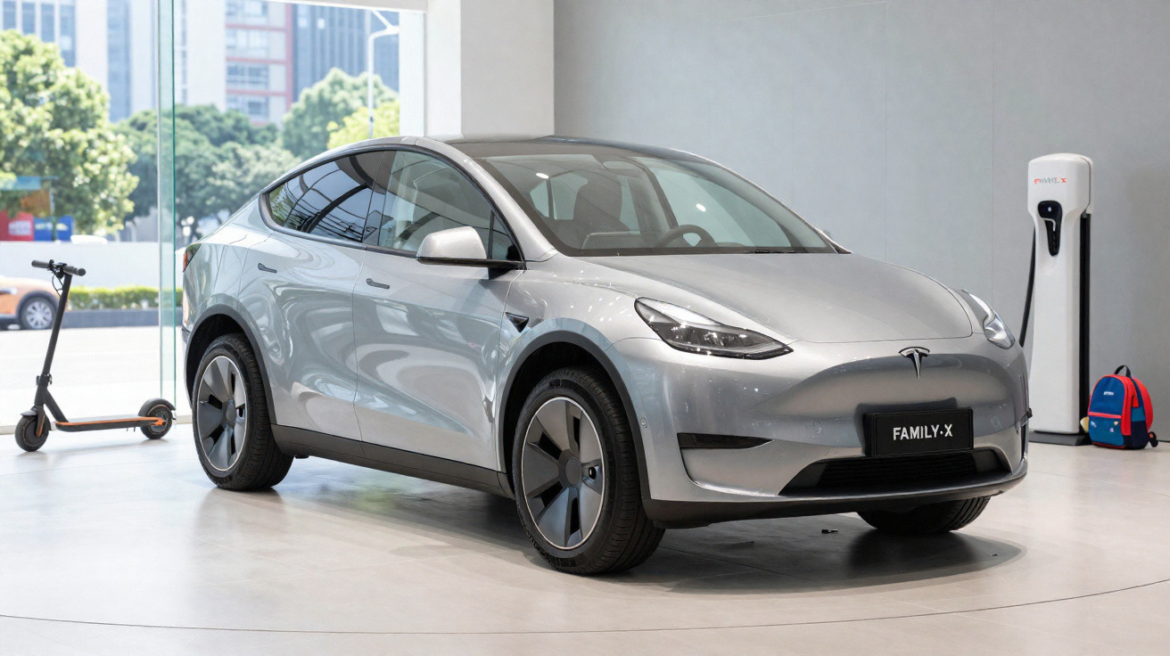 Carro elétrico prateado Tesla Family-X em exposição interior com carregador e trotinete ao fundo.