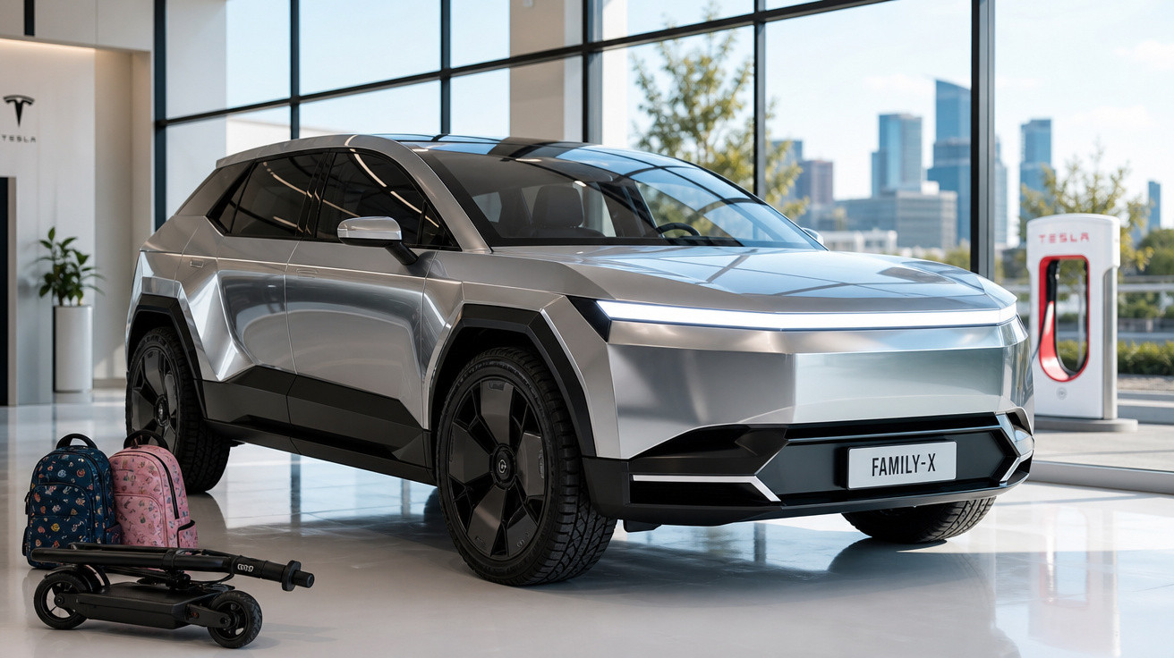 Carro elétrico Tesla Family-X em exposição numa sala moderna, com mochilas e trotinete ao lado.