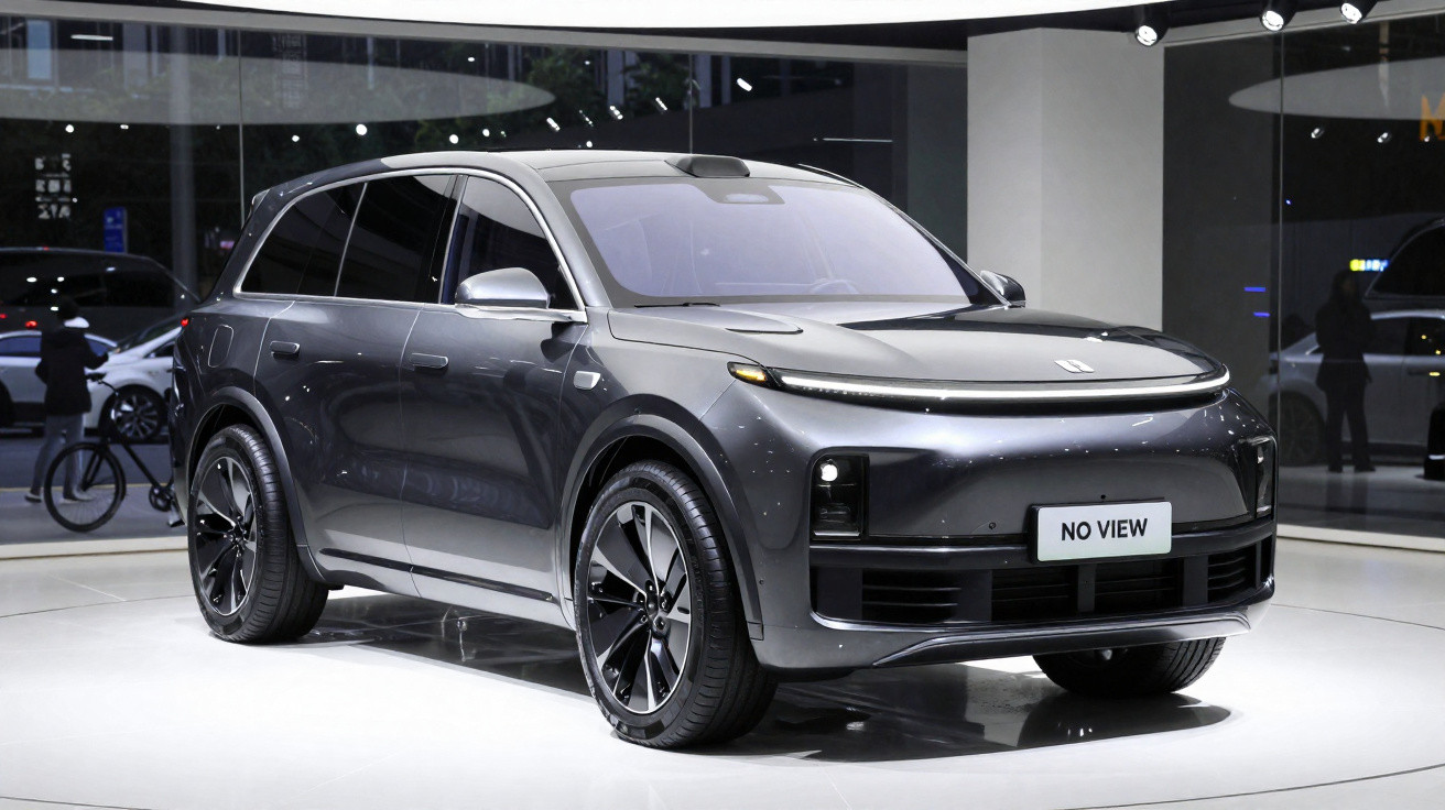Carro SUV elétrico cinzento exposto em salão automóvel com design moderno e faróis LED finos.
