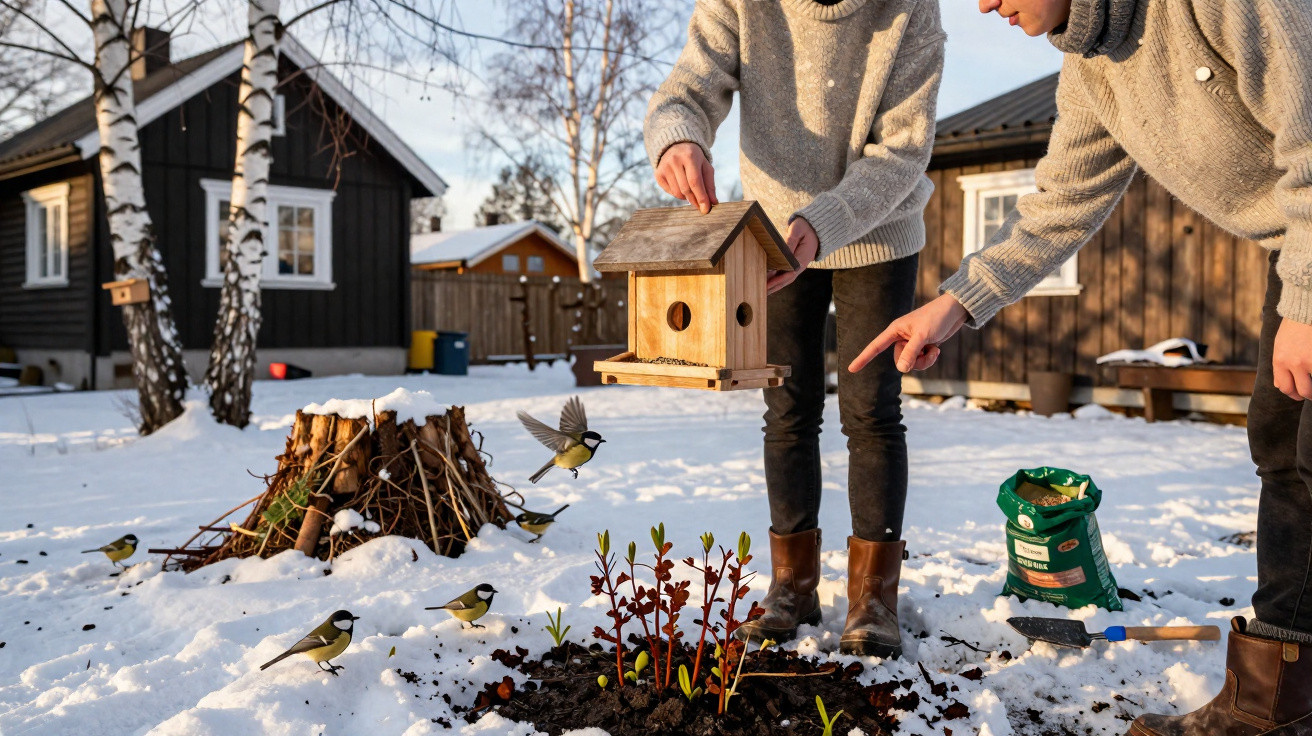 Duas pessoas a instalar uma casinha de pássaros no jardim coberto de neve, com vários pássaros ao redor.