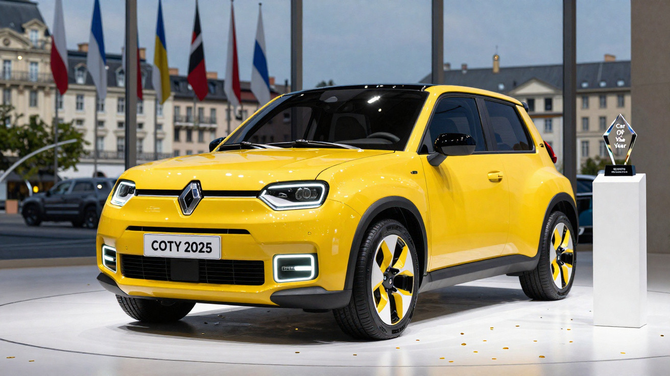Carro elétrico Renault amarelo expositor, vencedor prémio Car of the Year 2025, em espaço urbano com bandeiras ao fundo.