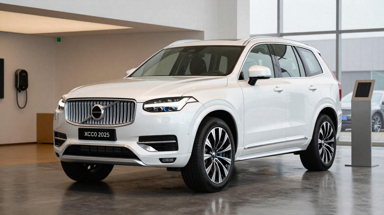 Carro branco Volvo XC90 2025 estacionado interior, vista frontal e lateral direita.