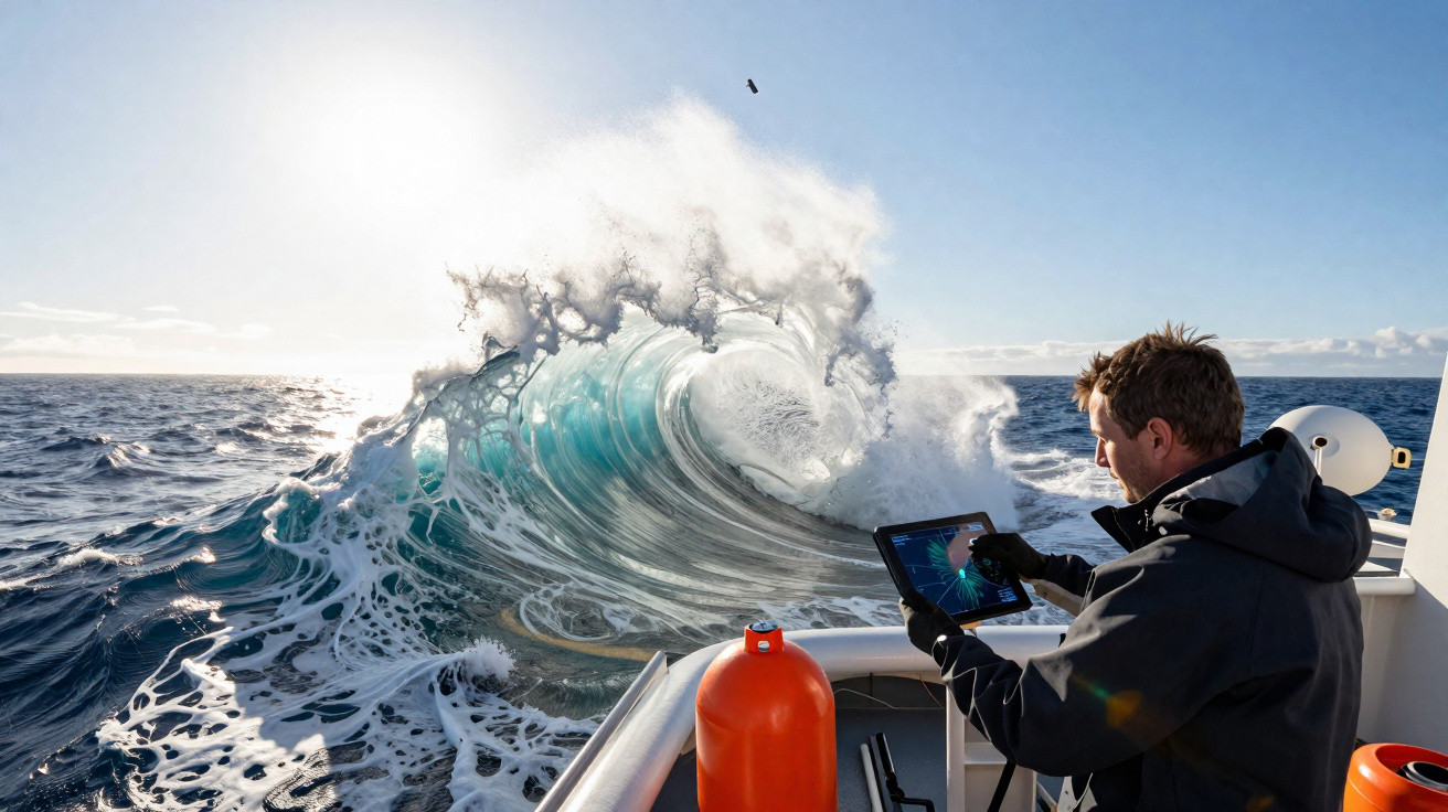 Homem a bordo de barco controla equipamento digital enquanto grande onda com espuma se forma no mar aberto.