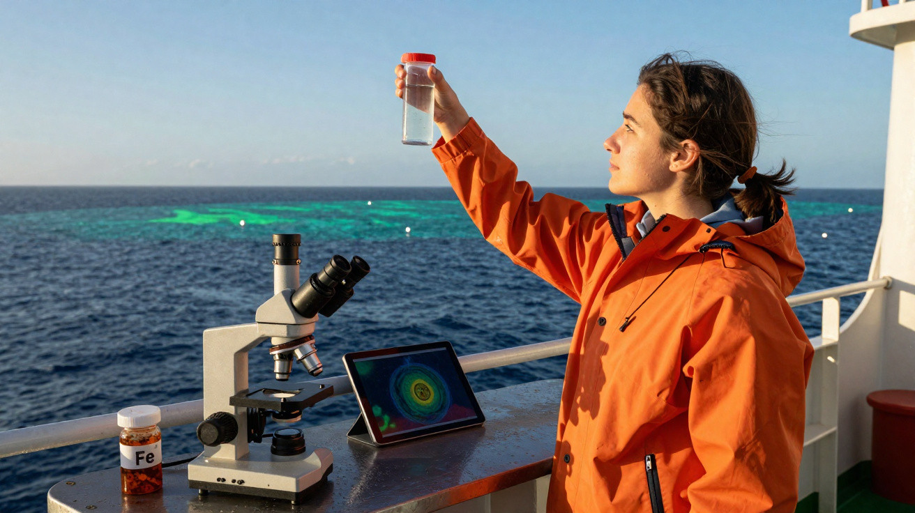 Mulher de casaco laranja examina amostra de água a bordo de barco, com microscópio e tablet numa bancada.