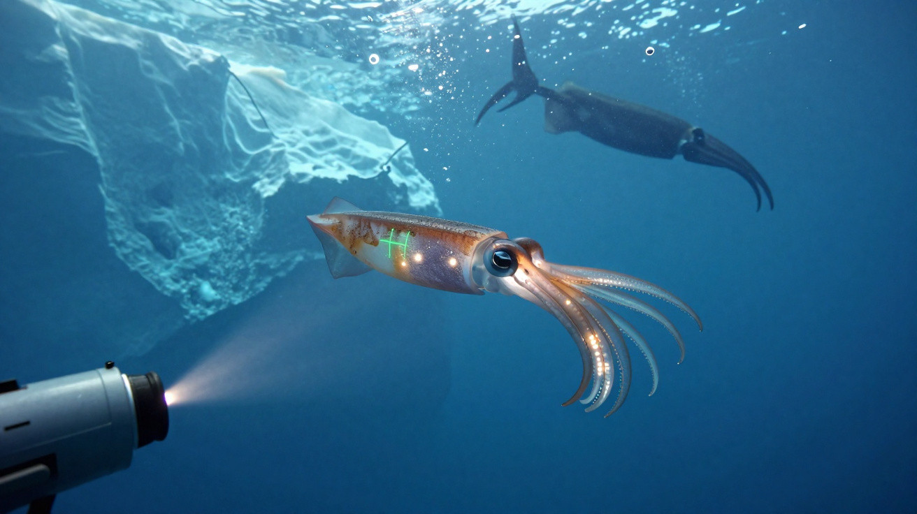 Lula bioluminescente iluminada por lanterna subaquática com outra lula ao fundo em águas profundas.