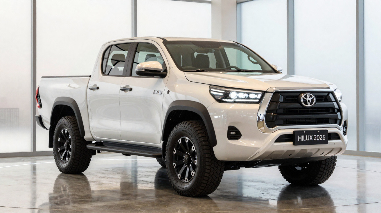 Toyota Hilux 2026 branco, pick-up 4x4 com faróis LED e pneus todos-terreno, em ambiente interior moderno.