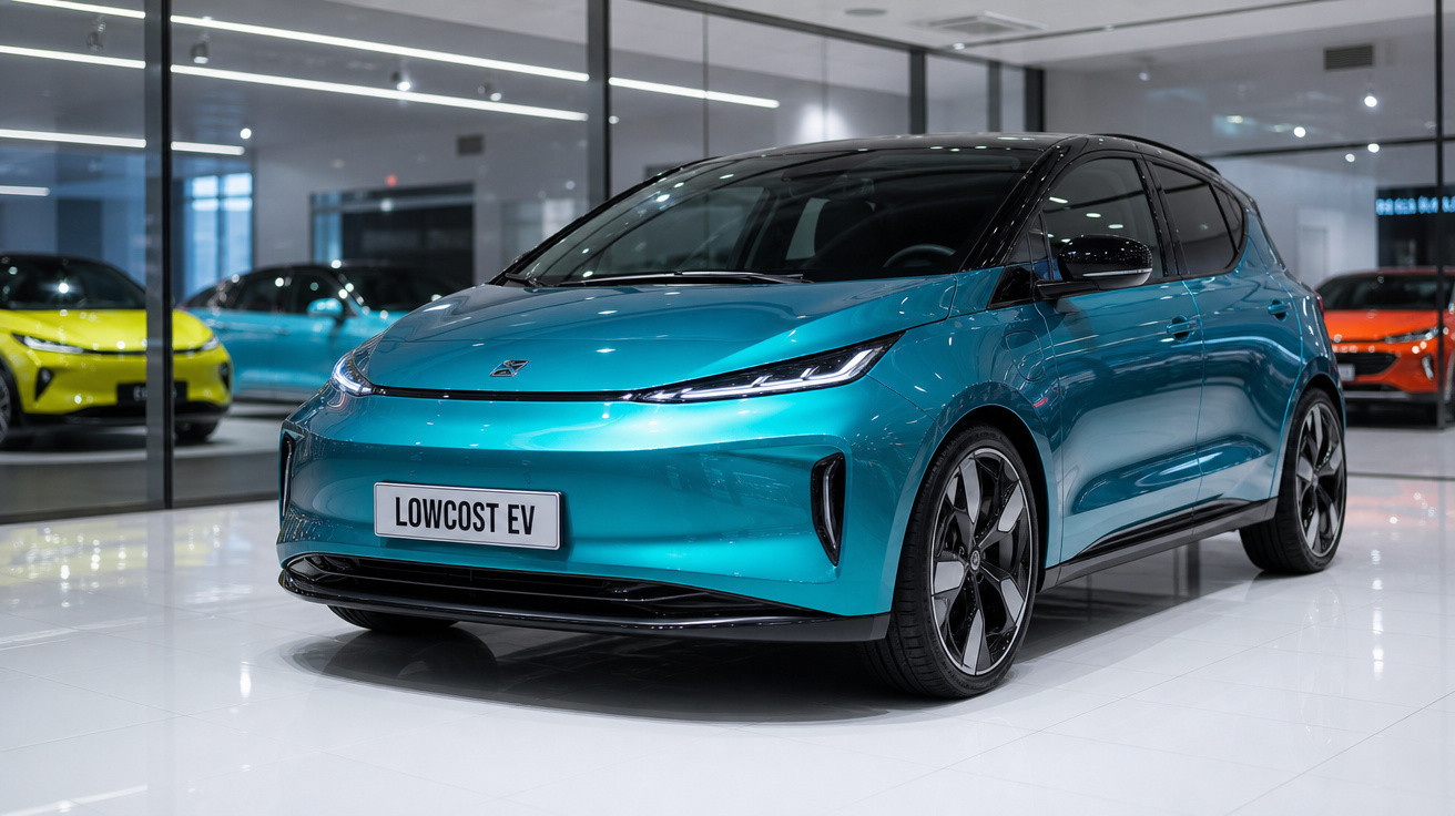 Automóvel elétrico compacto azul turquesa em exposição numa sala moderna com piso branco e veículos coloridos ao fundo.