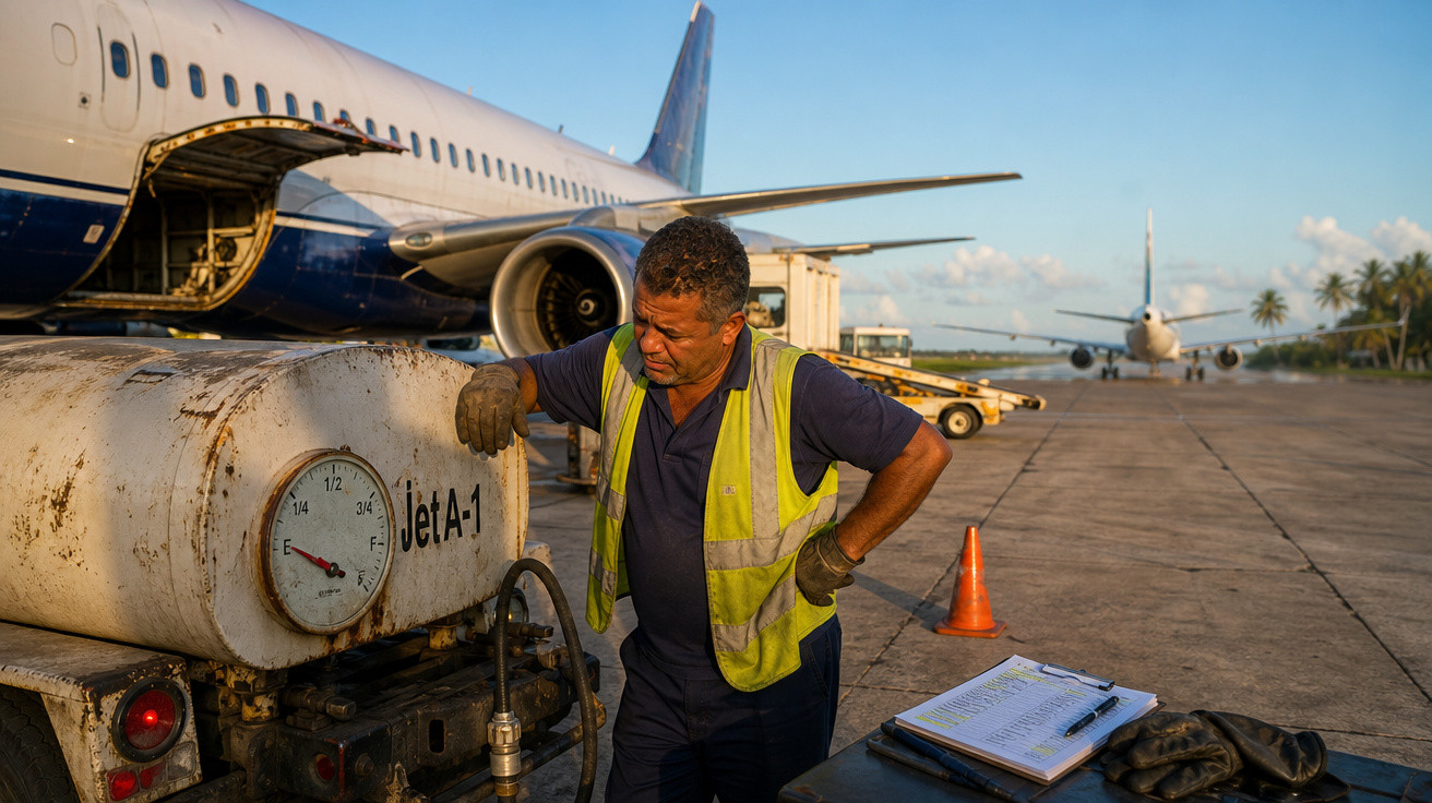 Homem de colete refletor verifica medidor de combustível junto a avião no aeroporto ao pôr do sol.
