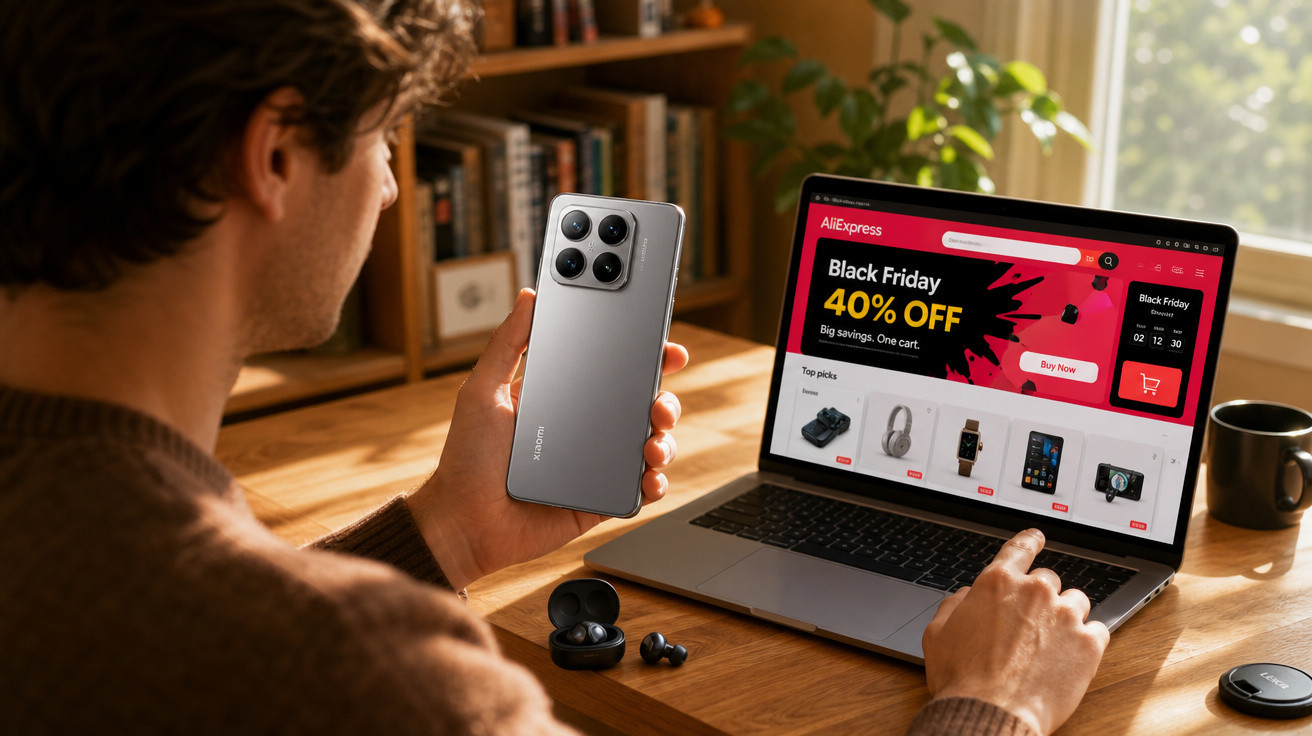 Homem a segurar smartphone e a fazer compras online com laptop, promoção Black Friday 40% de desconto.