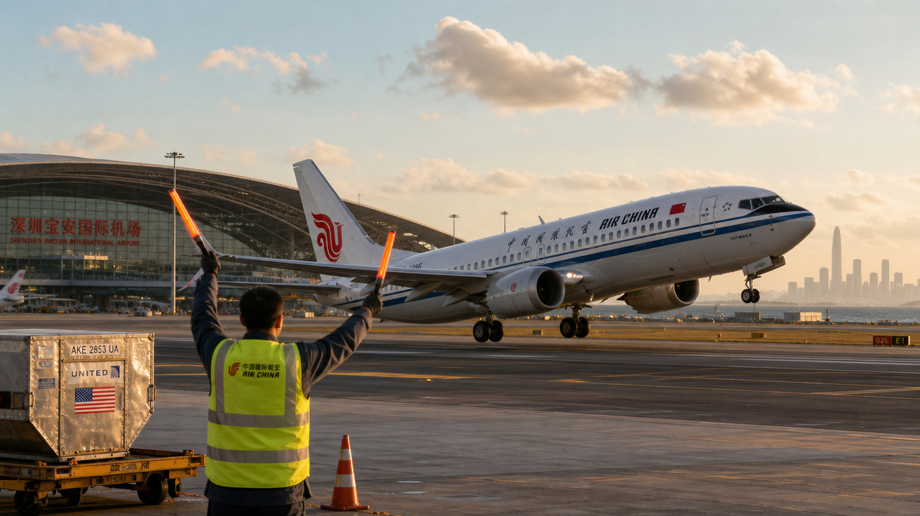 Funcionário orienta aterragem de avião da Air China num aeroporto ao pôr do sol.