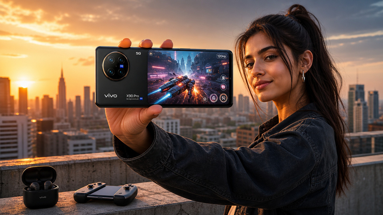 Mulher segura smartphone Vivo X90 Pro a mostrar jogo no ecrã na cobertura com cidade ao pôr do sol.