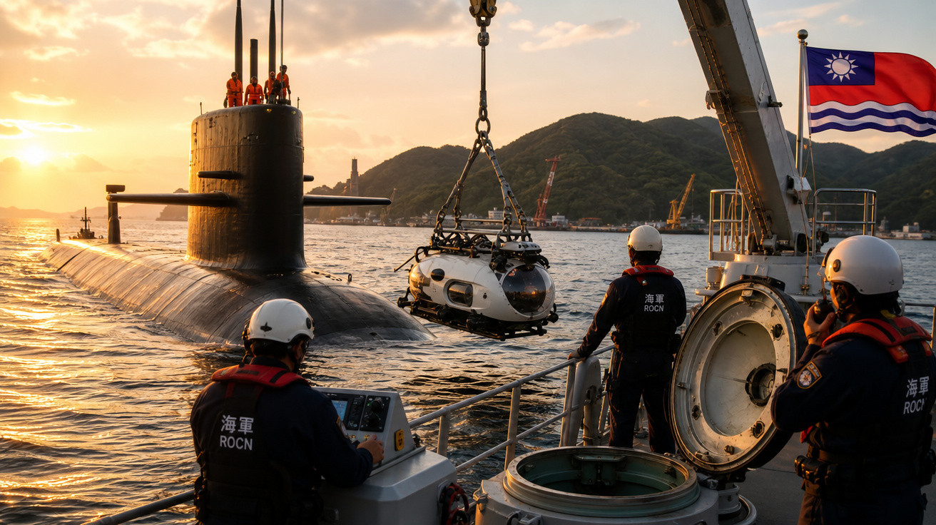 Soldados na marinha de Taiwan operam um drone subaquático ao pôr do sol junto a um submarino.