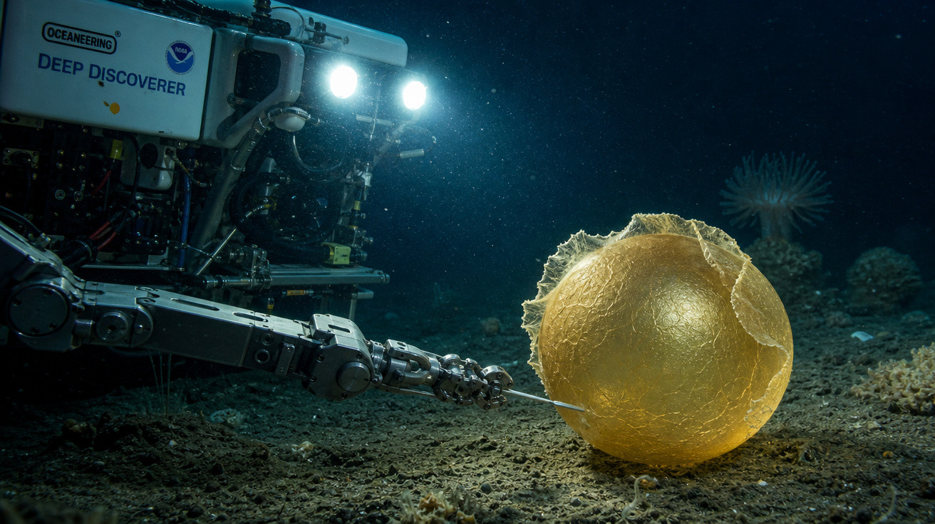 Veículo subaquático operado remotamente interage com esfera dourada no fundo do oceano escuro.