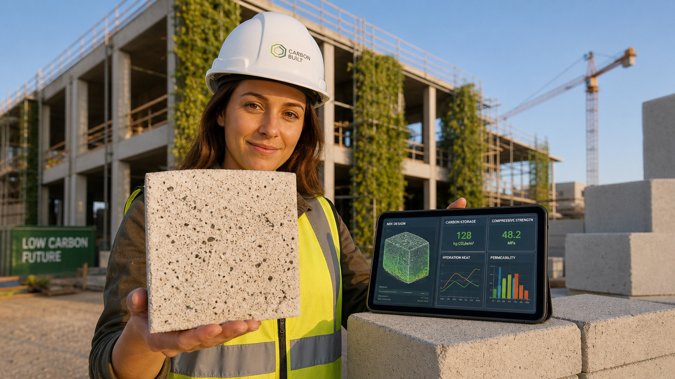 Engenheira com capacete mostra bloco de construção sustentável em obra com tablet a exibir dados técnicos.