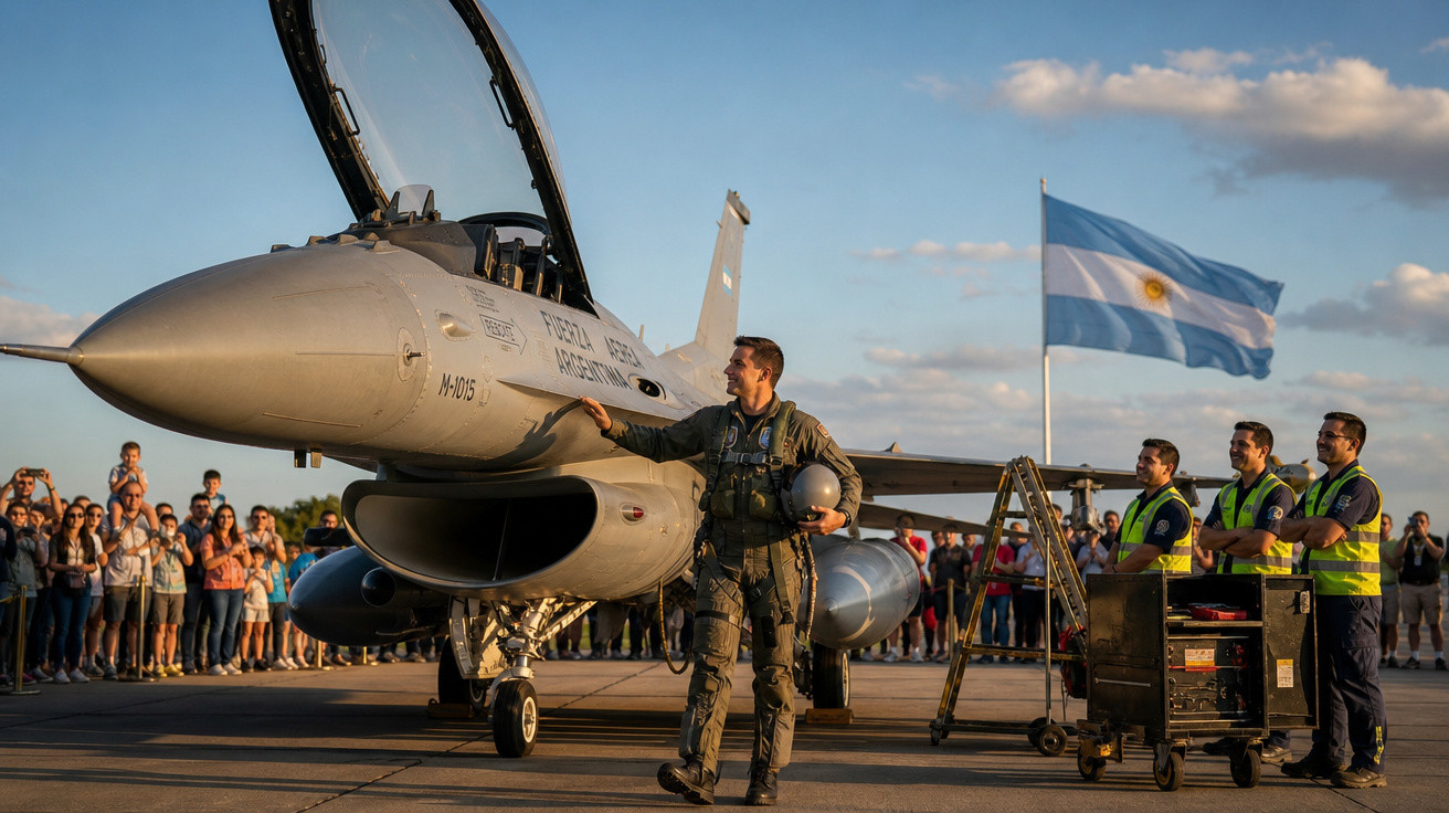 Piloto junto a caça F-16 da Força Aérea Argentina com bandeira argentina e público ao fundo no aeroporto.