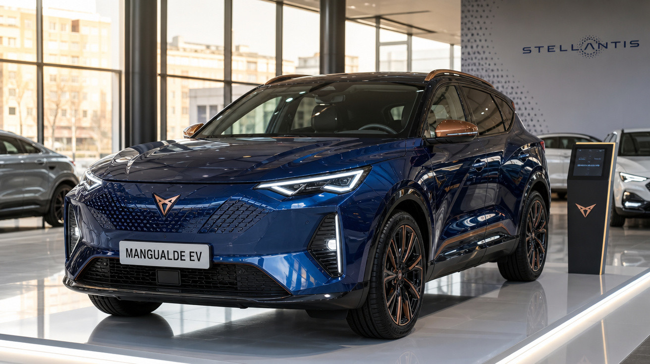 Cupra Mangaladale EV azul estacionado numa feira automóvel com luz natural a entrar pelas janelas.