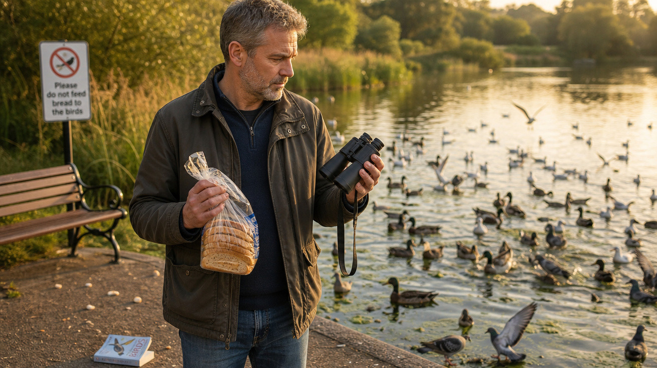 Homem junto a lago com binóculos e saco de pão, observando patos na água, sinal indica para não alimentar os pássaros.