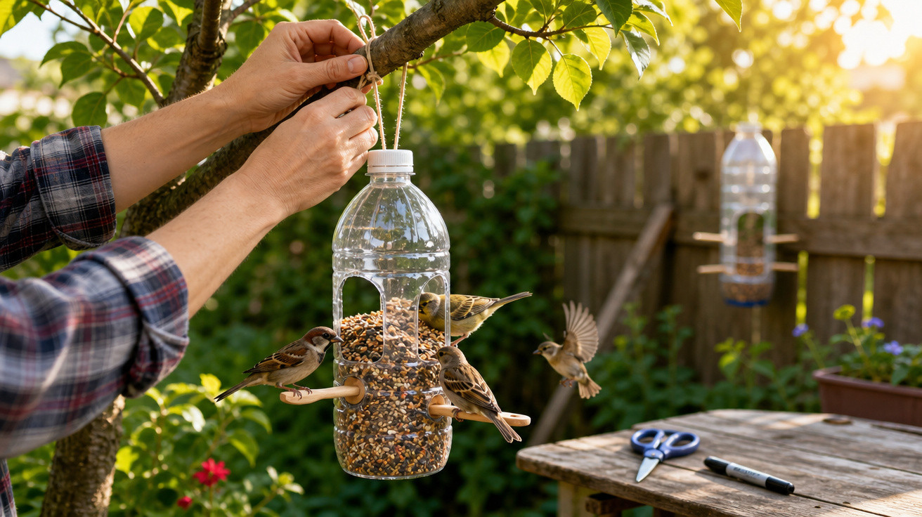Pessoa a pendurar comedouro feito com garrafa de plástico para pássaros num jardim ensolarado.
