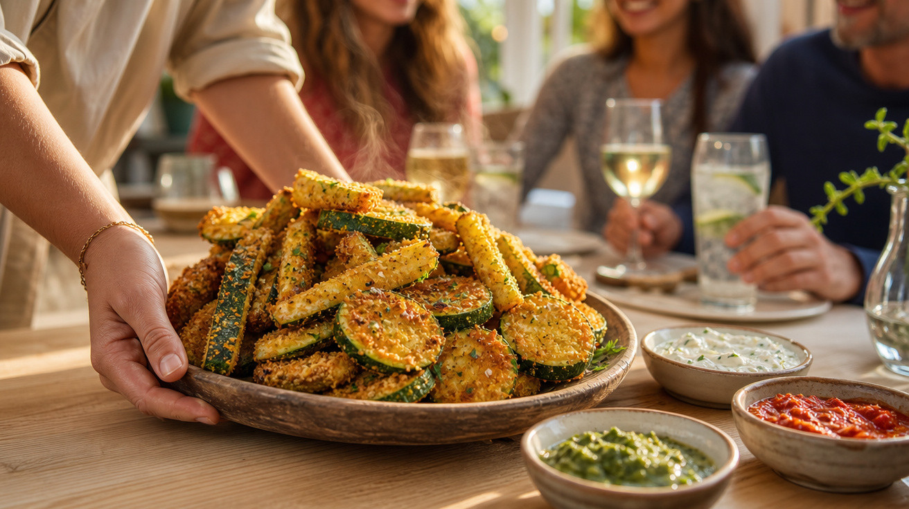 Pessoa a servir prato de legumes empanados com molhos variados numa mesa com amigos.
