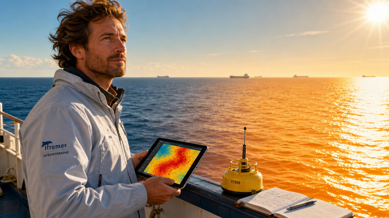 Homem com bata branca segura tablet com dados no convés de um barco ao pôr do sol no mar.