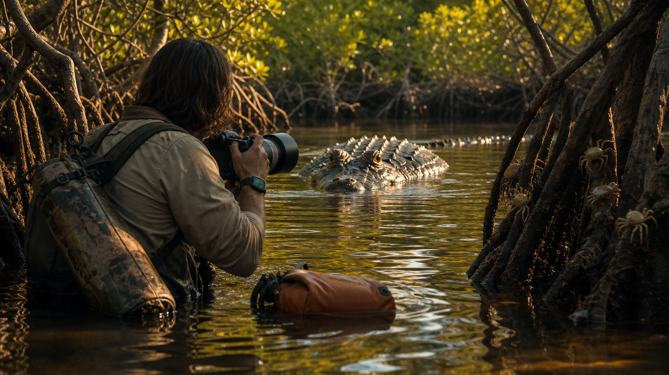 Fotógrafo de pé na água, perto de um crocodilo parcialmente submerso entre raízes de árvores.