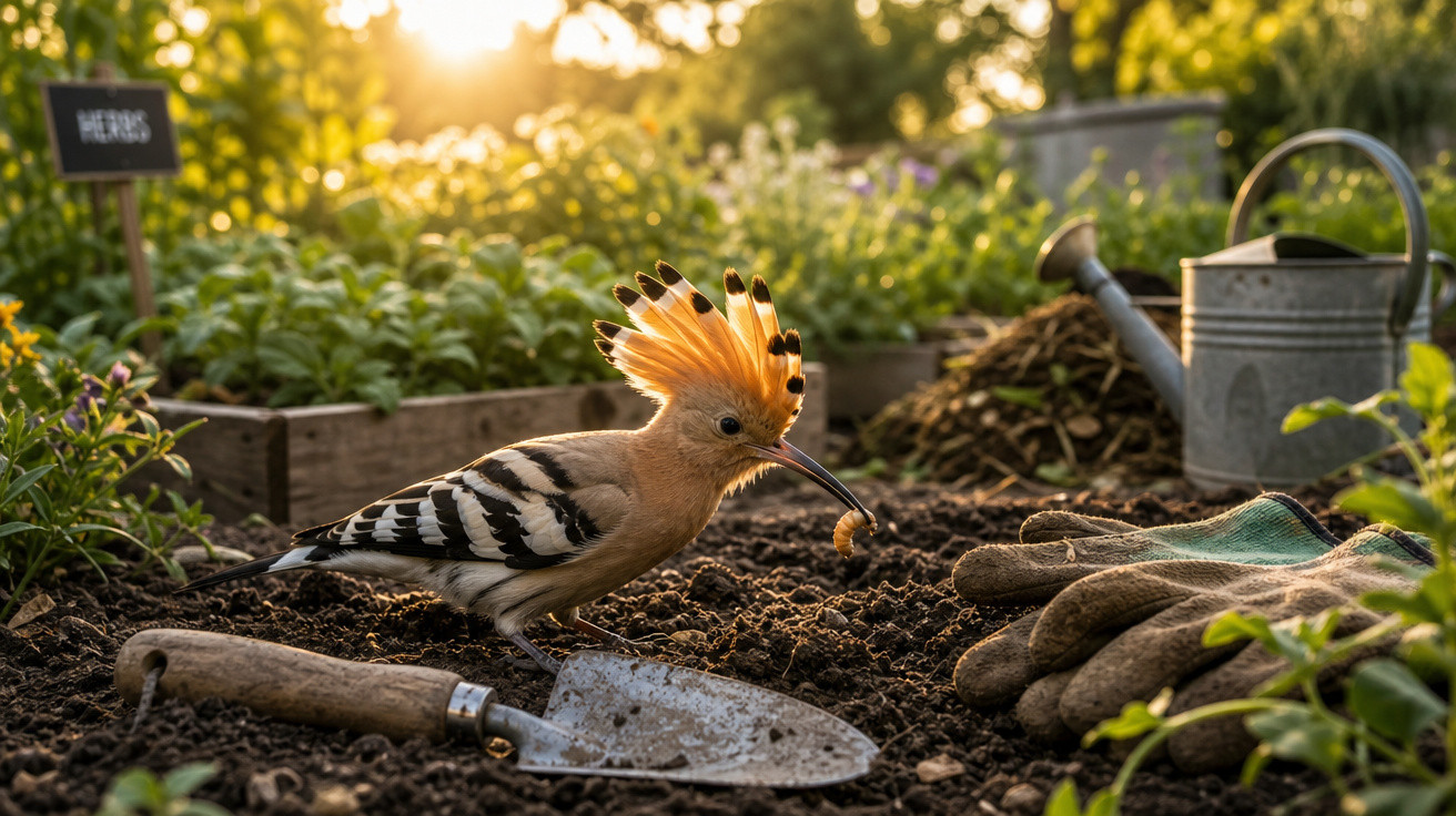 Pássaro com crista laranja a apanhar larva em jardim com ferramentas de horticultura ao entardecer.