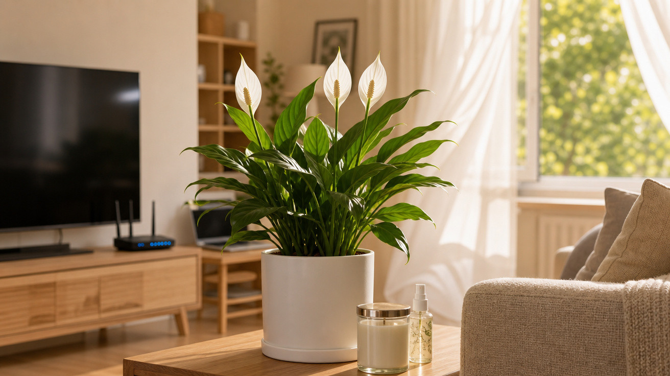 Planta de lírio-da-paz em vaso branco numa mesa de madeira com sofá e televisão numa sala iluminada.