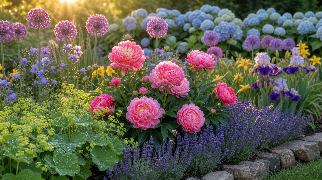 Jardim com flores coloridas, incluindo peónias cor-de-rosa, alliums roxos, lírios amarelos e hortênsias azuis.