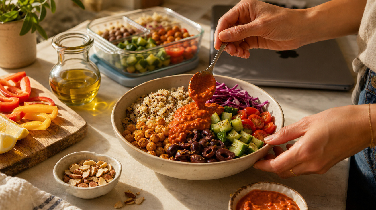Mãos a preparar uma taça de salada com quinoa, grão, pepino, tomate, azeitonas e molho vermelho.
