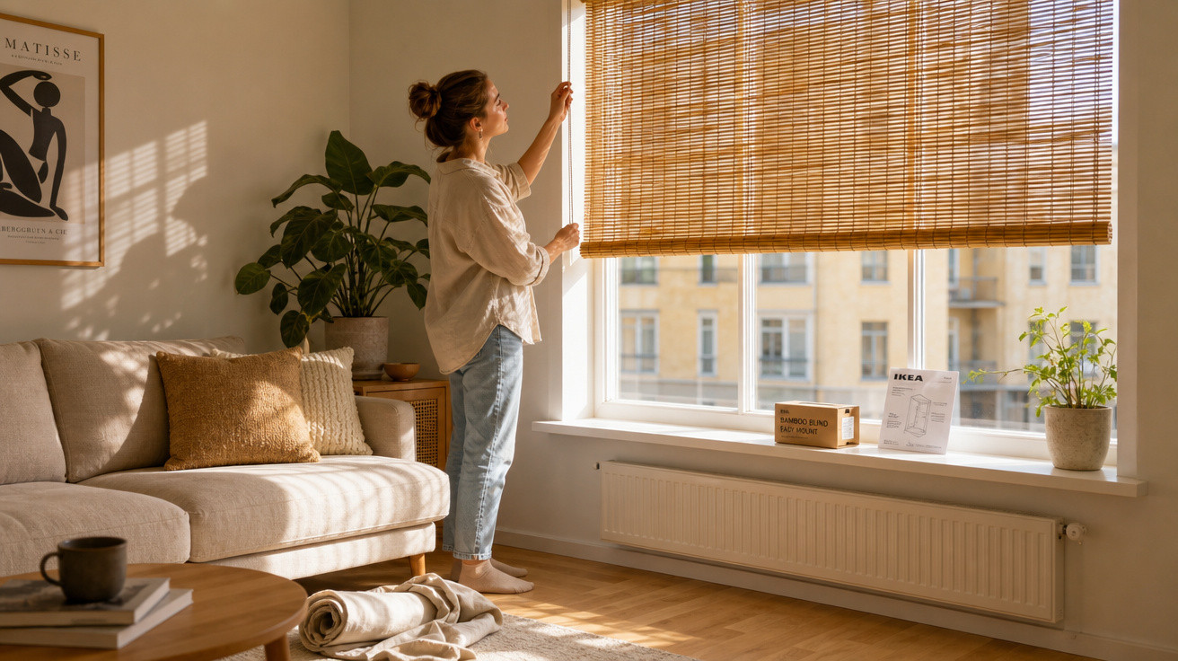 Mulher ajusta estores de bambu numa sala iluminada com sofá claro, plantas e decoração minimalista.