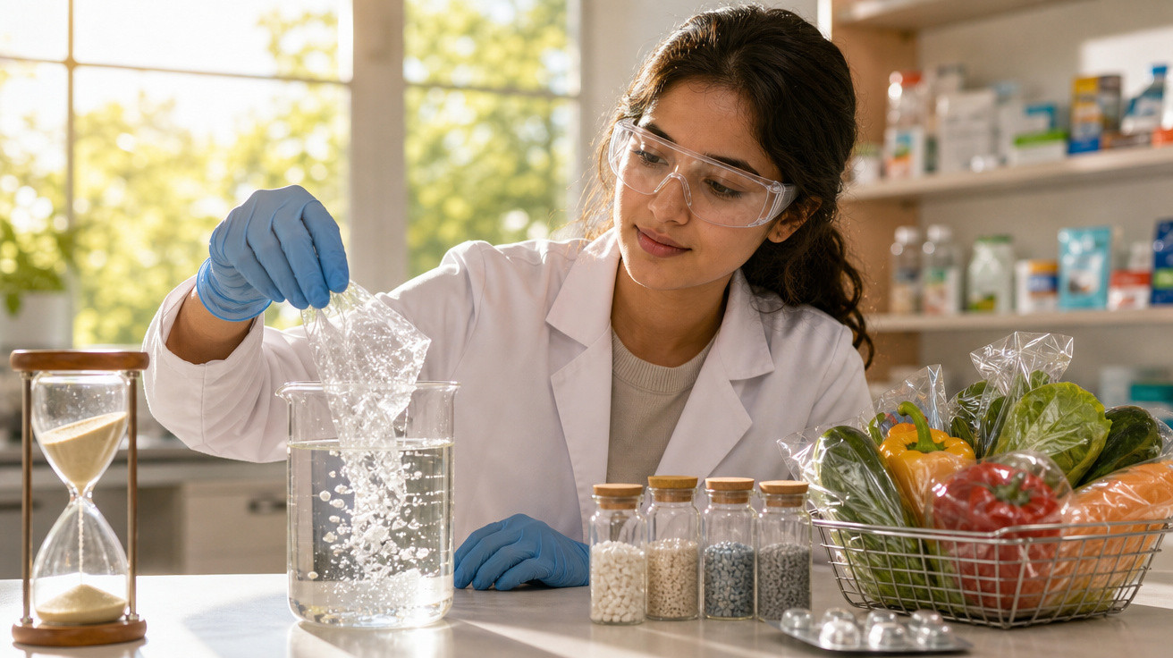 Mulher cientista com bata protege olhos a dissolver plástico em copo de água, com legumes e frascos na mesa.