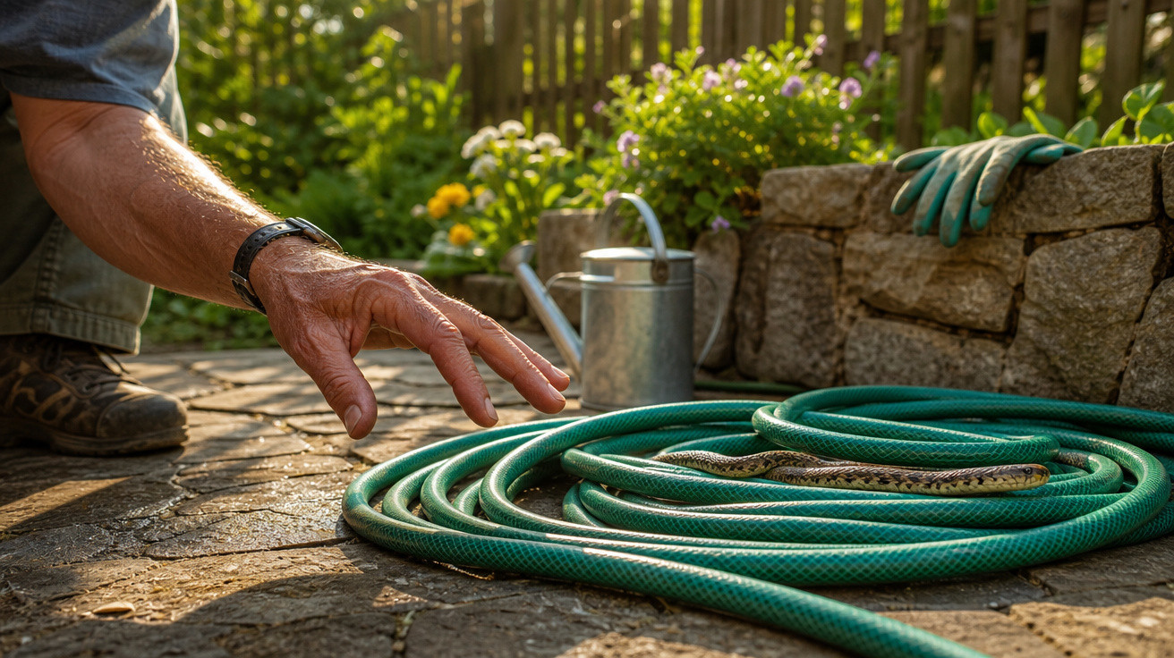 Mão de pessoa a tentar apanhar cobra enrolada numa mangueira verde num jardim soalheiro.