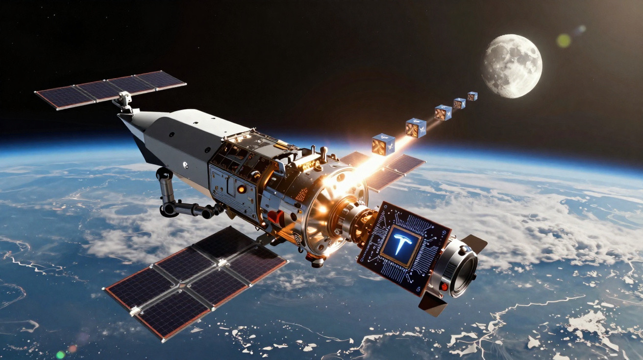Satélite com painéis solares e chips saindo em direção à Lua, visto do espaço sobre a Terra.