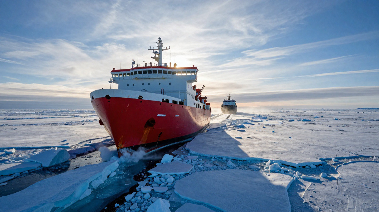 Navios rompe-gelo vermelhos navegando através do mar gelado com icebergues e céu azul com nuvens.