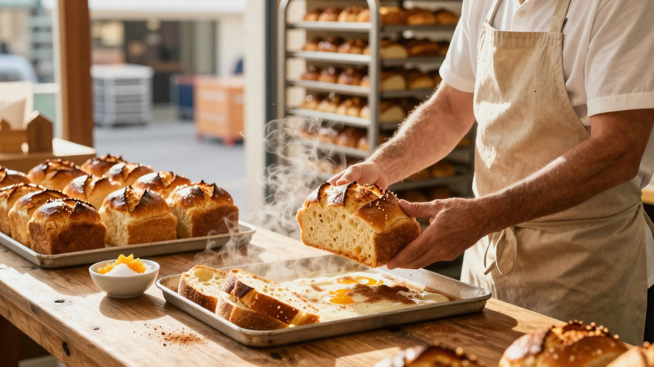 Padeiro a segurar pão quente e fresco num ambiente de padaria com vários pães sobre a mesa de madeira.