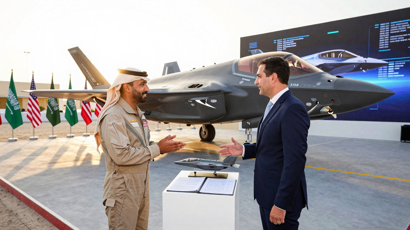 Dois homens, um de fato militar árabe e outro de fato formal, cumprimentam-se junto a um caça F-35 numa exposição.
