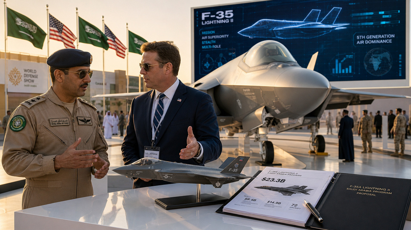 Dois homens discutem ao lado de um modelo de avião F-35 e de um caça F-35 real na World Defense Show.