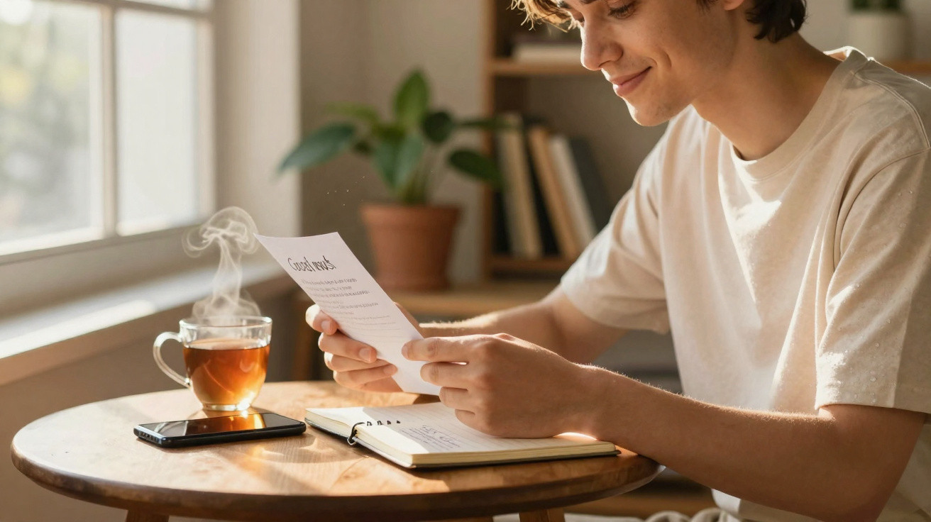 Pessoa jovem sorridente a ler um papel junto a uma chávena de chá quente e um caderno numa mesa redonda de madeira.