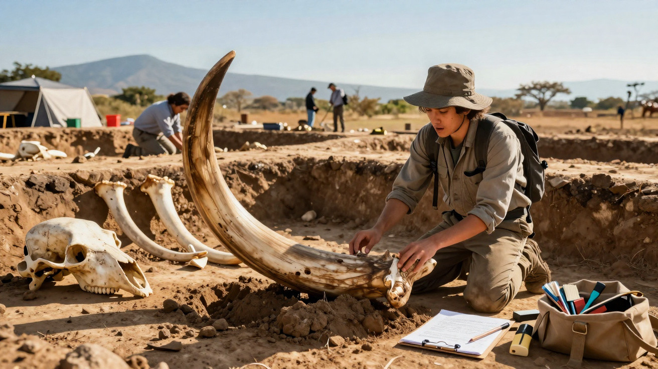 Arqueóloga a examinar presunto osso fóssil de mamute durante escavação no deserto.