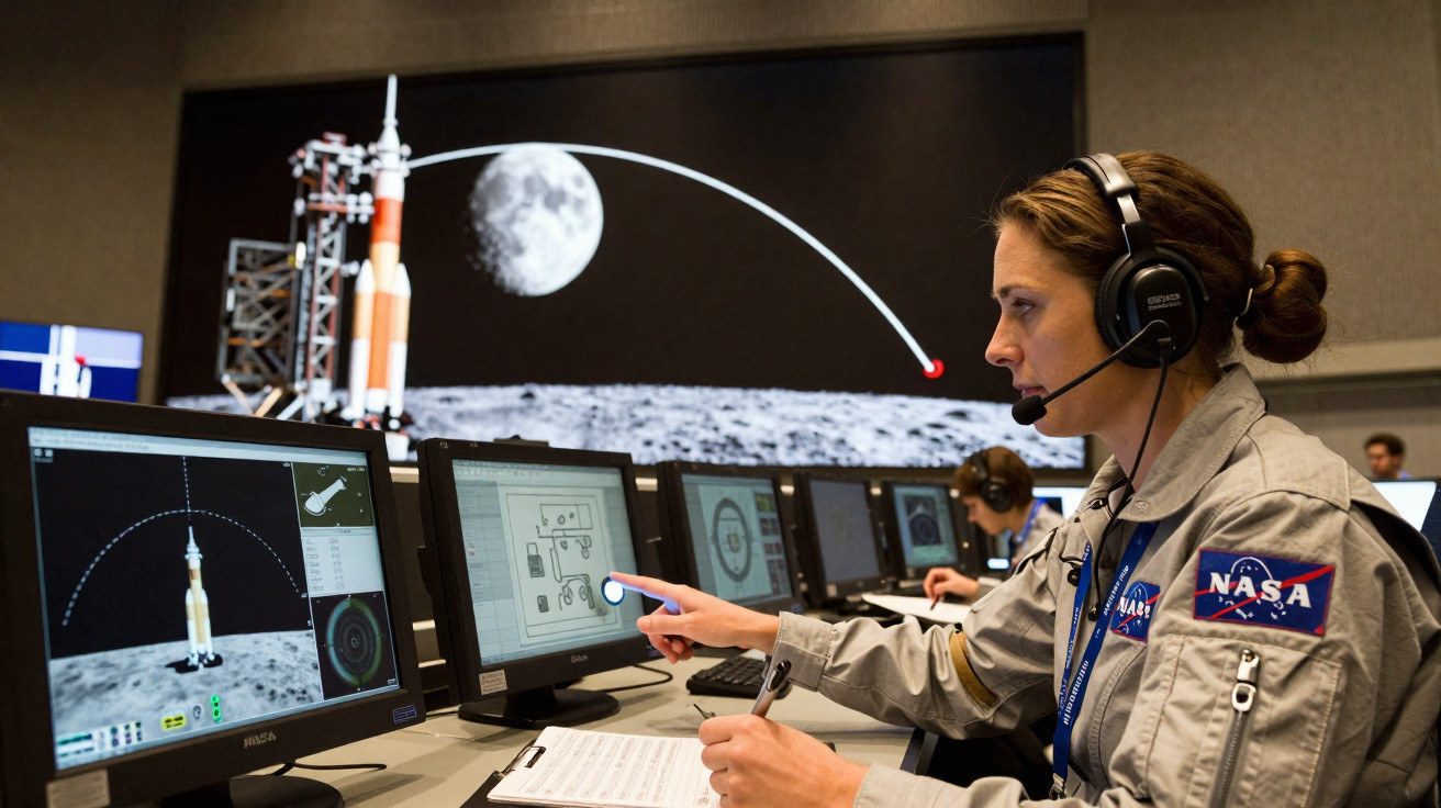 Controladora da NASA em centro de comando a monitorizar missão lunar com múltiplos ecrãs e gráficos.