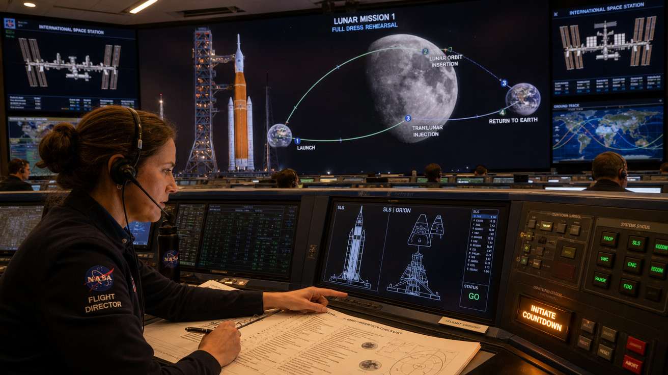 Mulher com headset na sala de controlo da NASA a coordenar missão lunar com gráficos e mapas nos ecrãs.