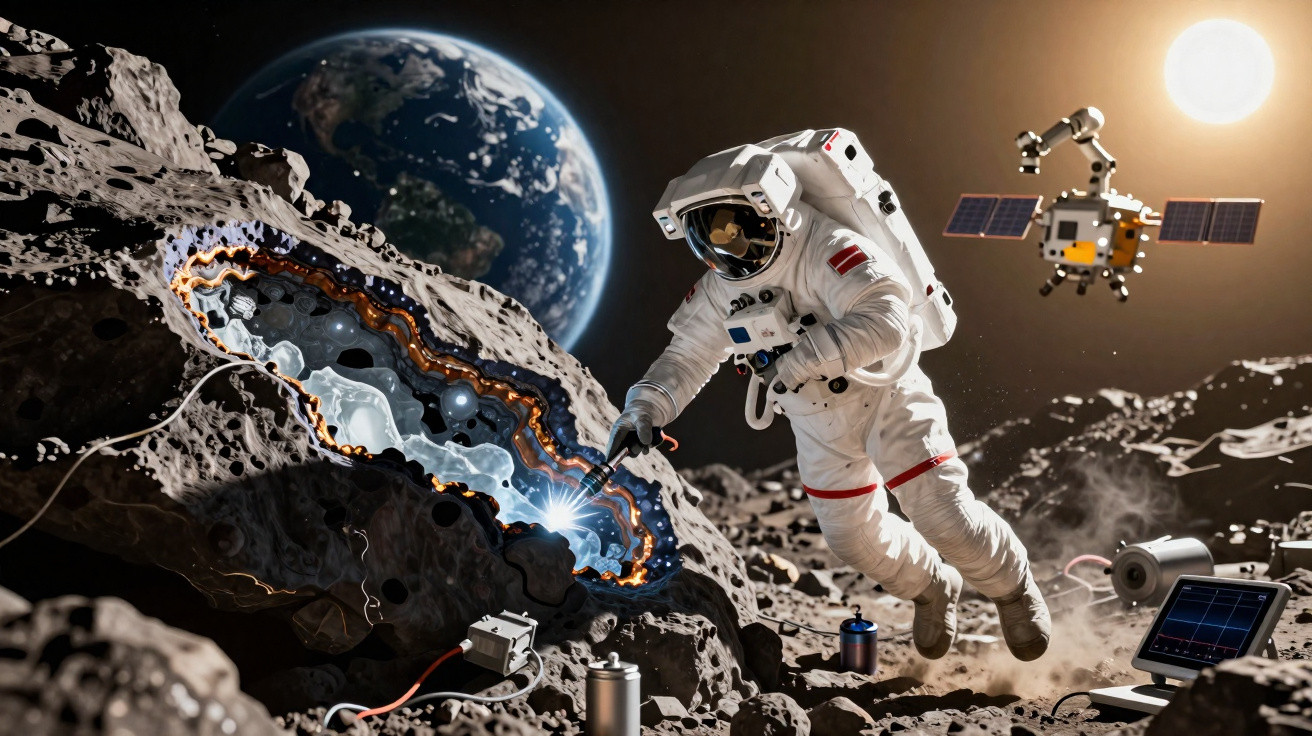 Astronauta em fato espacial realiza perfuração em asteroide com a Terra ao fundo e equipamento tecnológico na superfície.